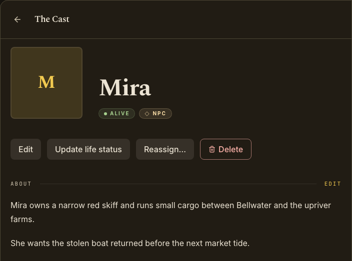 Mira, the boat owner, shown as a Storywright world entry with notes about her missing boat.