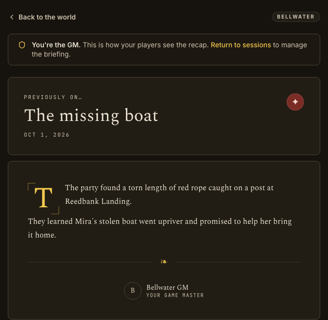 A player-facing Bellwater recap in Storywright, describing the torn red rope and the promise to help Mira bring her boat home.