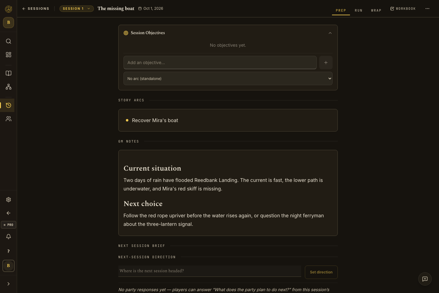 The missing boat session in Storywright, with GM notes headed Current situation and Next choice.